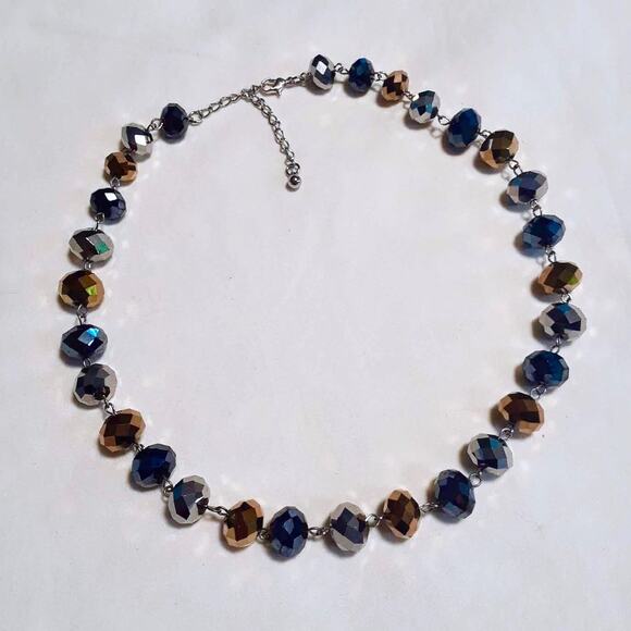 Blue Gold Silver Beaded Choker Necklace Sparkle Large Multi-Faceted Beads - Picture 1 of 6